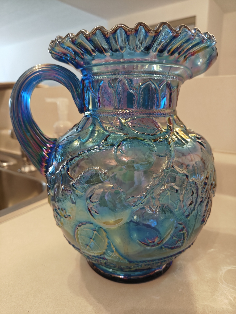 Fenton Blue Iridescent Carnival Glass Pitcher